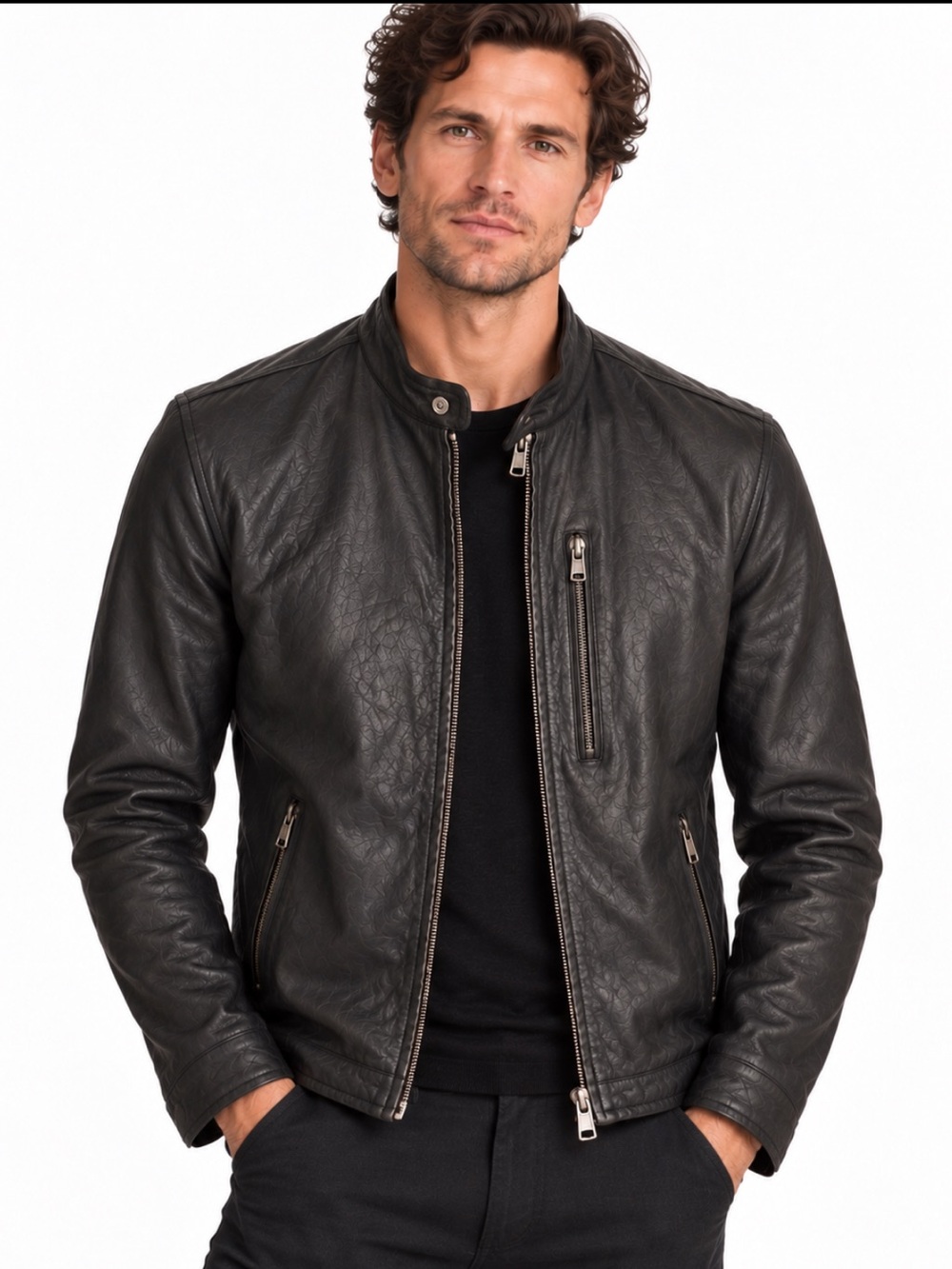 John Varvatos Black Leather Café Racer Jacket Men's 52 Or US Large EUC!